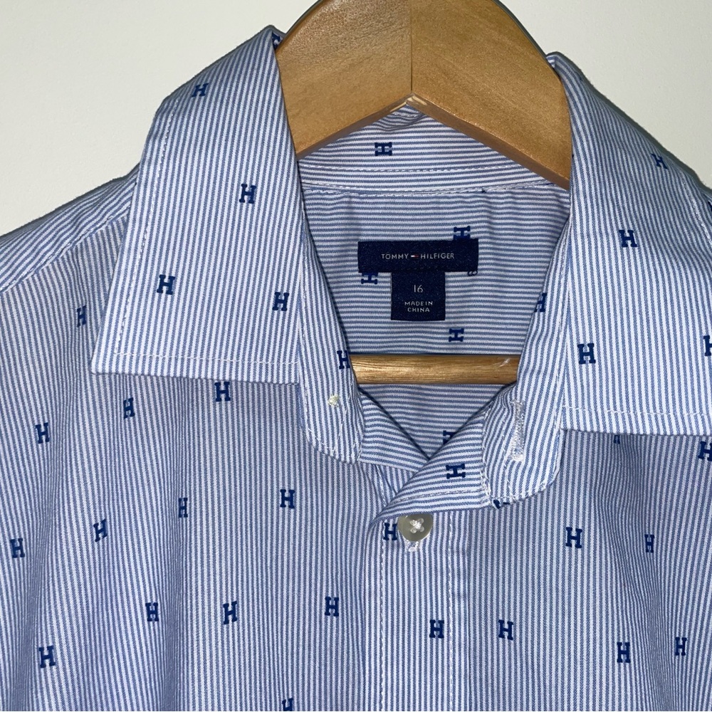 Tommy Hilfiger Blue Button Down Shirt with Pinstripe Pattern